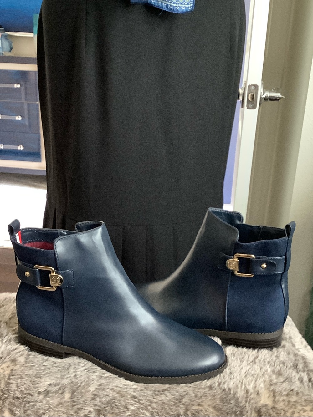 Tommy Hilfiger Navy Mixed-Material Ankle Booties with Gold Buckle
